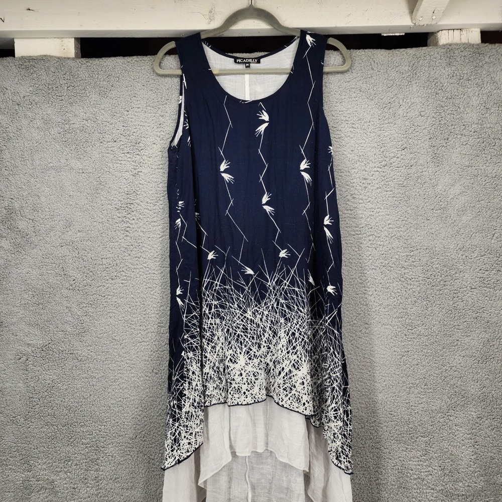 Piccadilly Canada Navy‎ White Bamboo Print Layered Midi Dress Size Medium